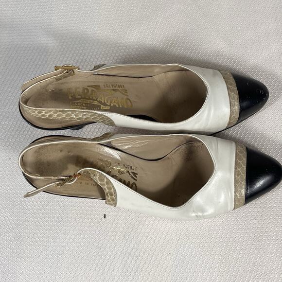Vintage Salvatore Ferragamo White and Black Slingback Heels. Size 5 B - Picture 3 of 13